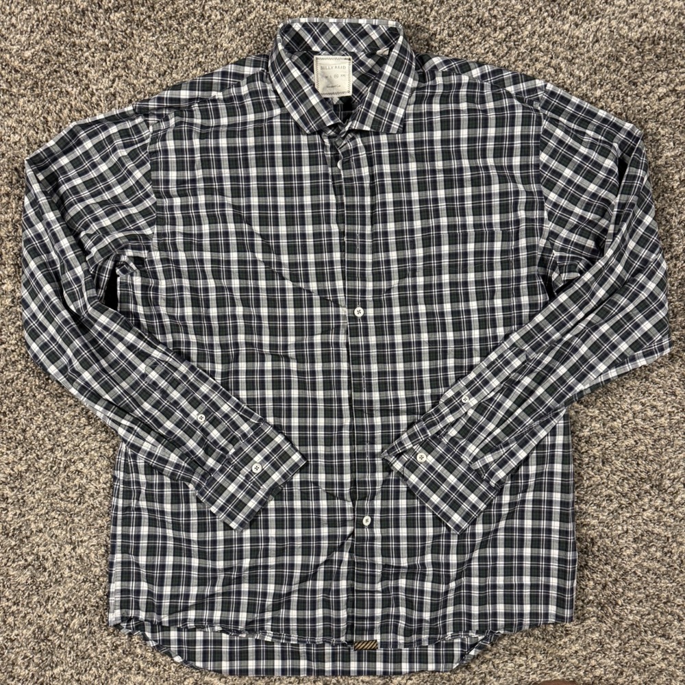 Billy Reid Mens XL Plaid Button Up Shirt Navy Green White Standard Cut L/S